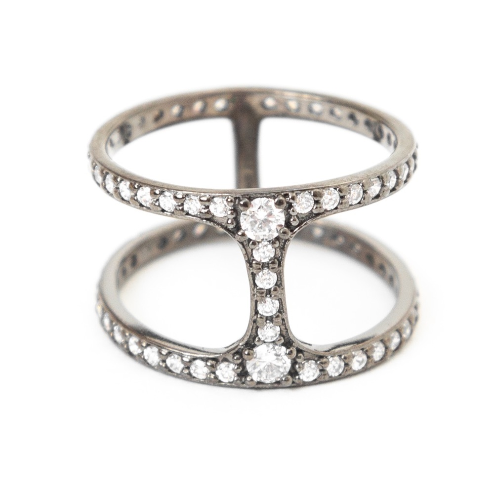 Sterling silver ring 2 rows Diamonique gunmetal Vicenza Silver 10